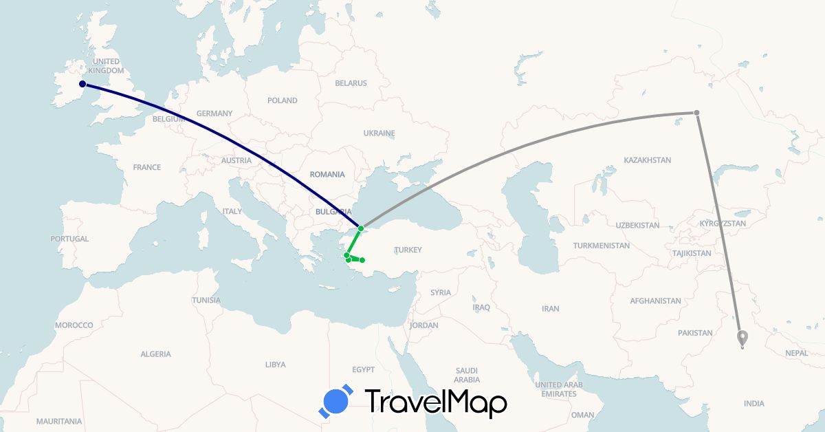 TravelMap itinerary: driving, bus, plane in Ireland, India, Kazakhstan, Turkey (Asia, Europe)